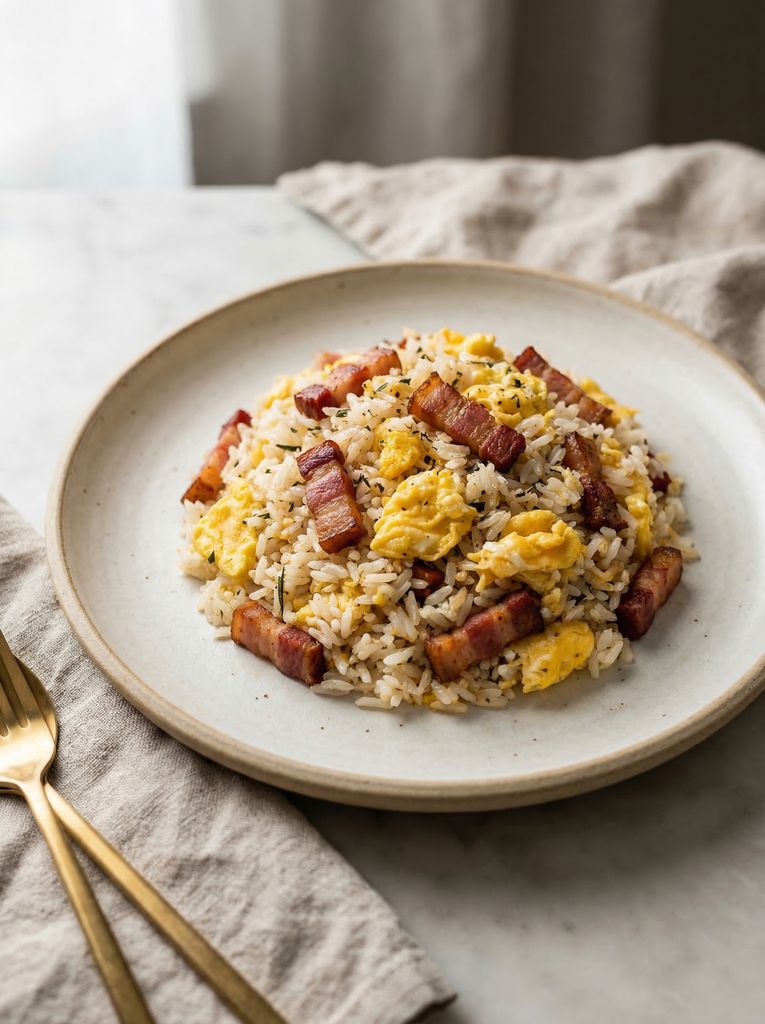 Breakfast Fried Rice, plated (AI-generated illustration)