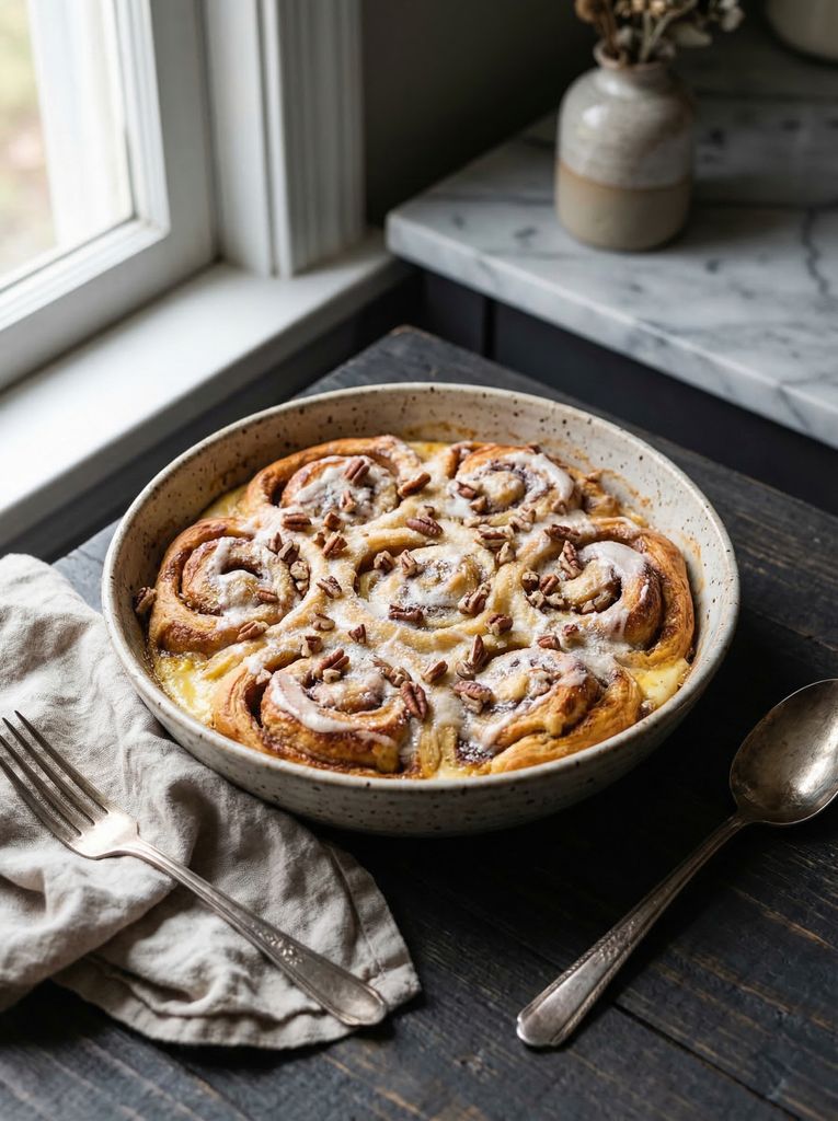 Cinnamon Roll Bake, plated (AI-generated illustration)