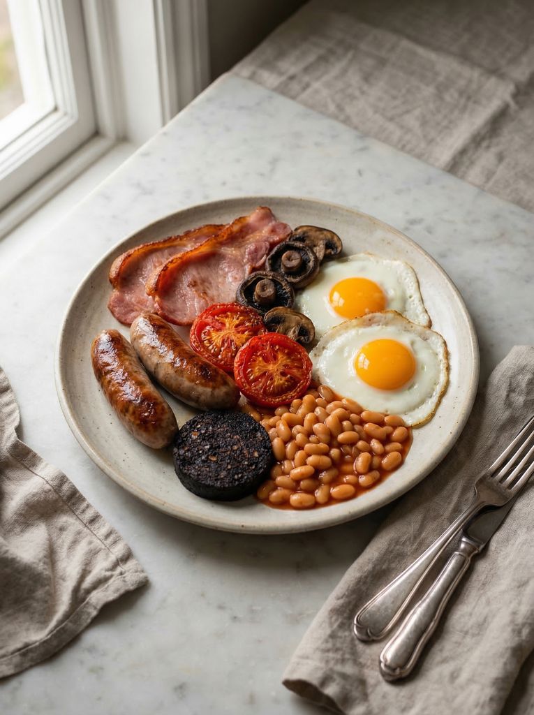 Full English Breakfast, plated (AI-generated illustration)