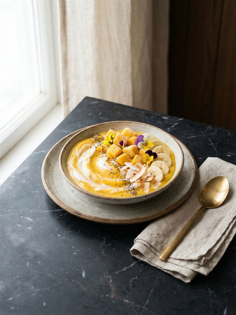 Tropical Mango Smoothie Bowl, plated (AI-generated illustration)