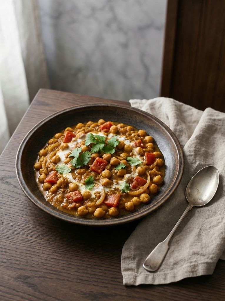 Chickpea Curry, plated (AI-generated illustration)