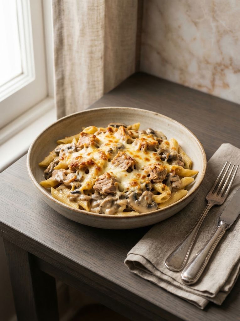 Tuna Pasta Bake, plated (AI-generated illustration)