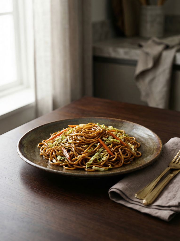 Vegetable Fried Noodles, plated (AI-generated illustration)
