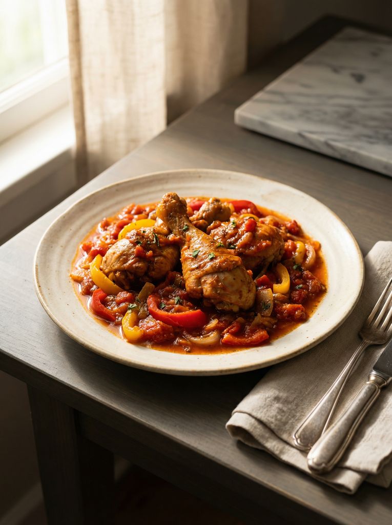 Chicken Cacciatore, plated (AI-generated illustration)