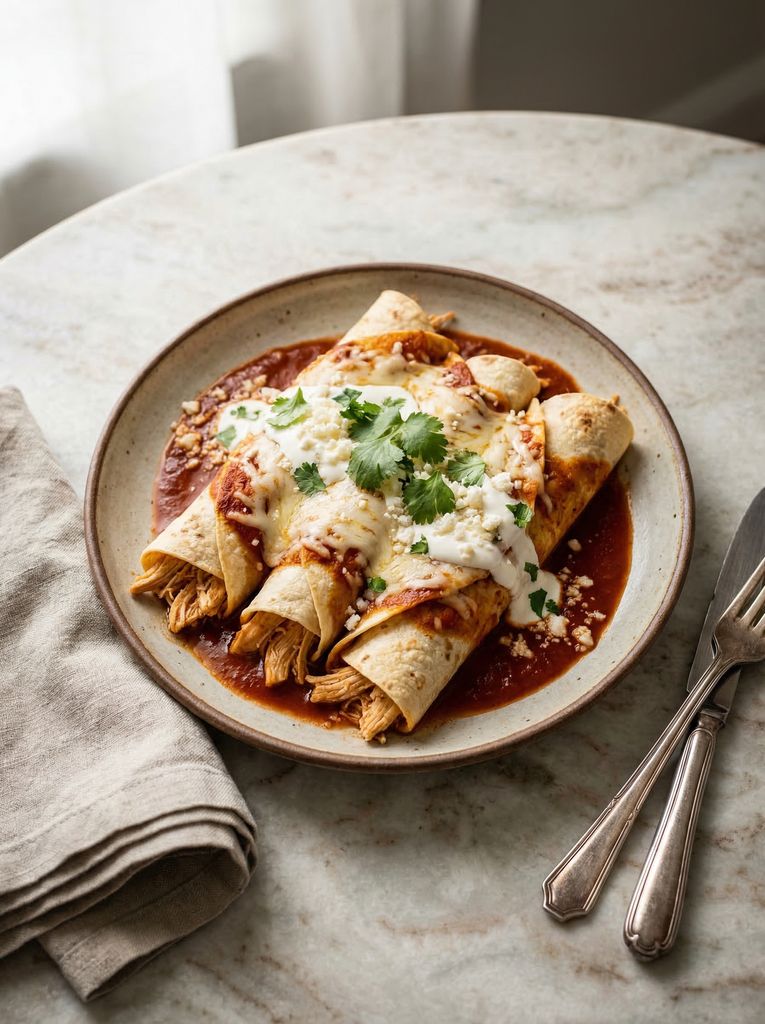Chicken Enchiladas, plated (AI-generated illustration)