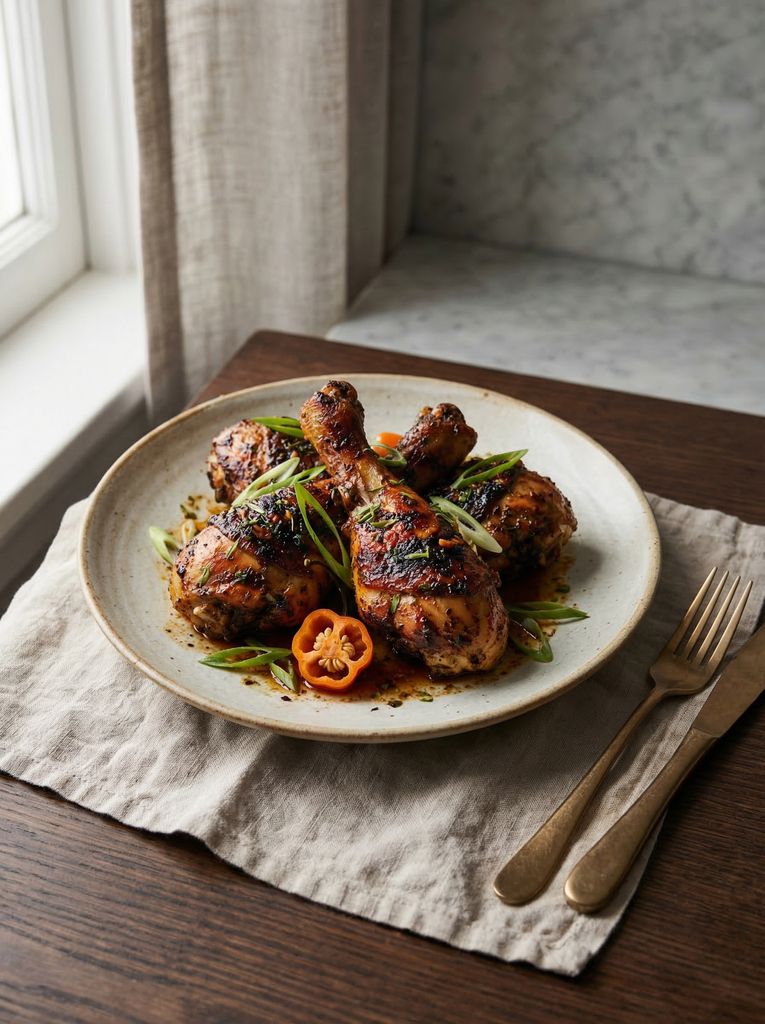 Jerk Chicken, plated (AI-generated illustration)