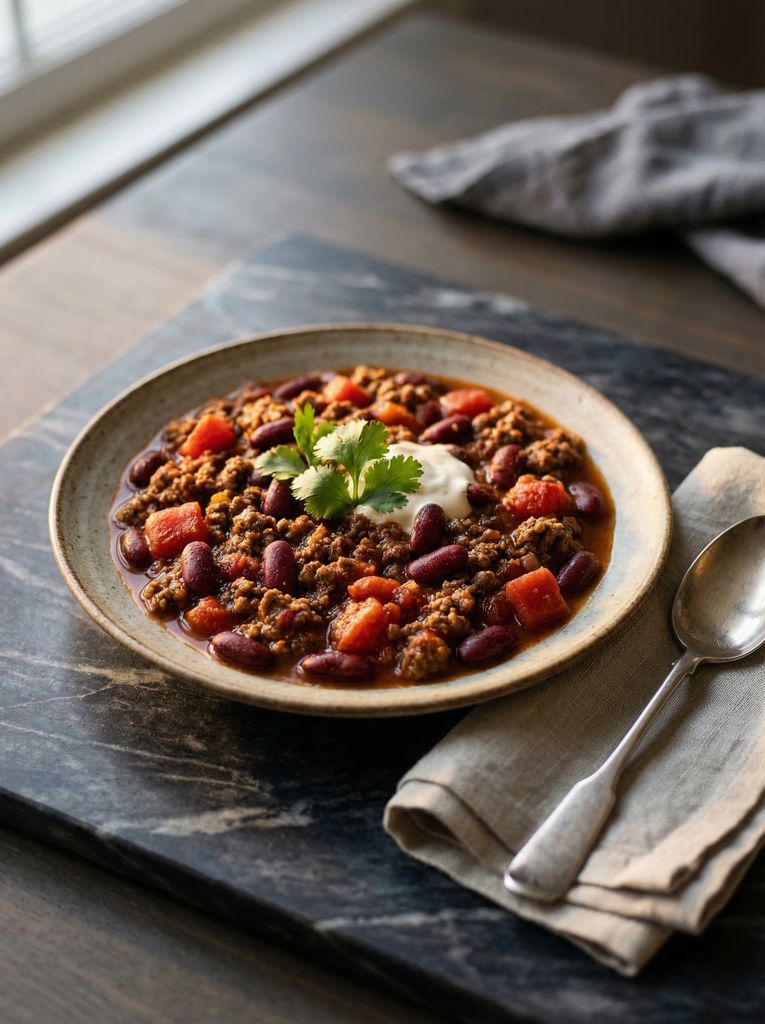 Beef Chili, plated (AI-generated illustration)