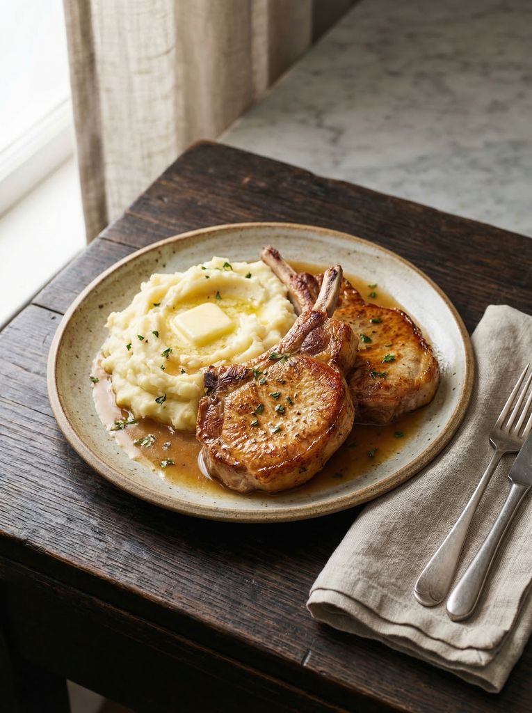 Classic Mashed Potatoes and Gravy with Pork Chops
