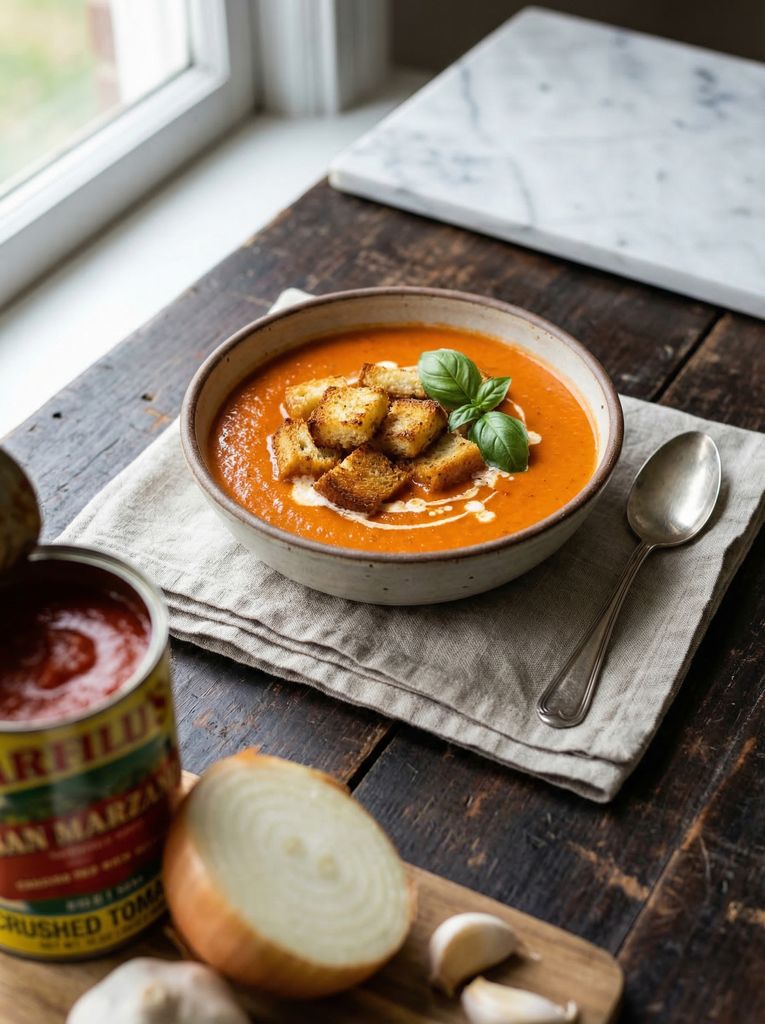 Creamy Tomato Soup with Grilled Cheese Croutons