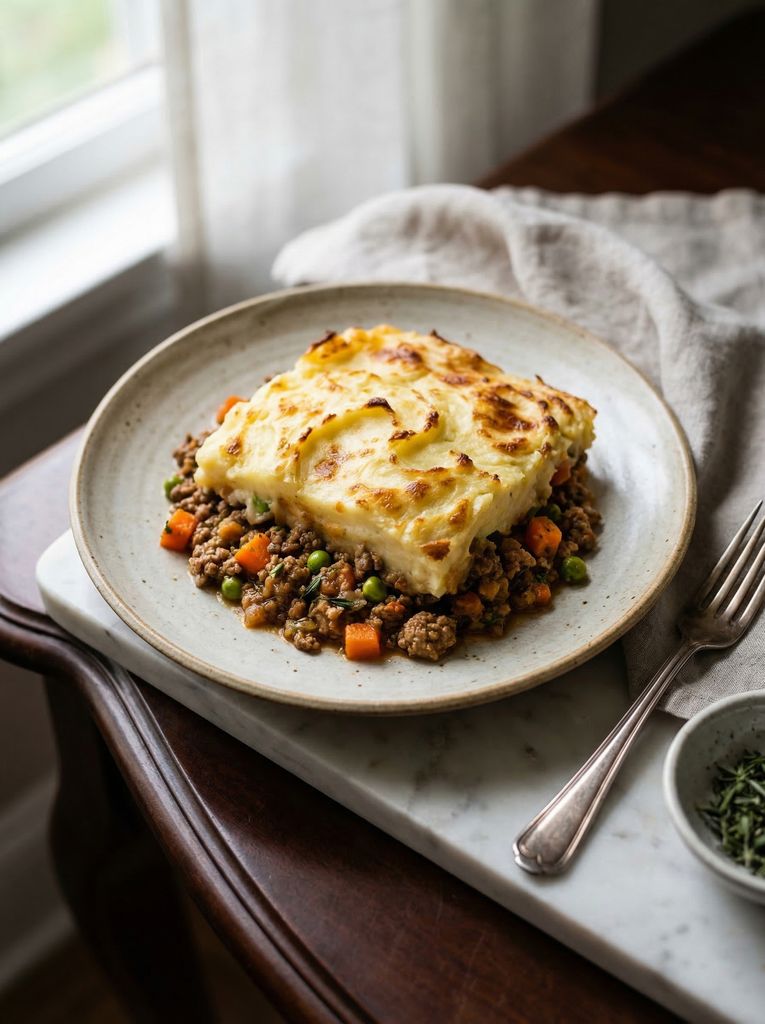Shepherd's Pie, plated (AI-generated illustration)