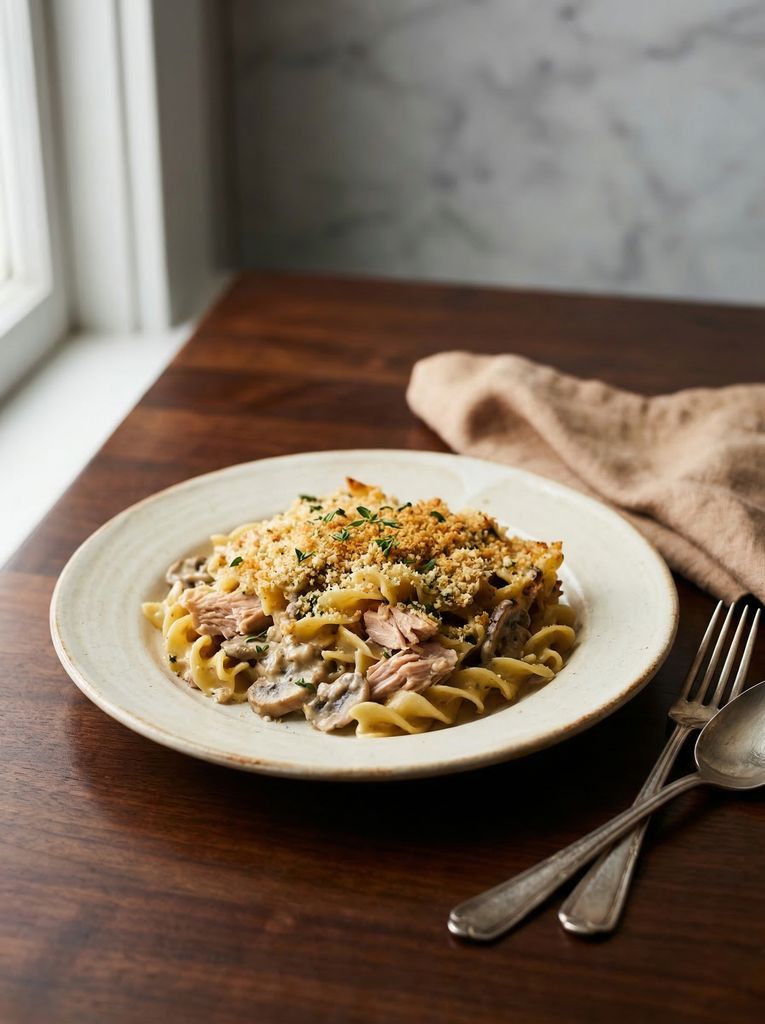 Tuna Noodle Casserole, plated (AI-generated illustration)