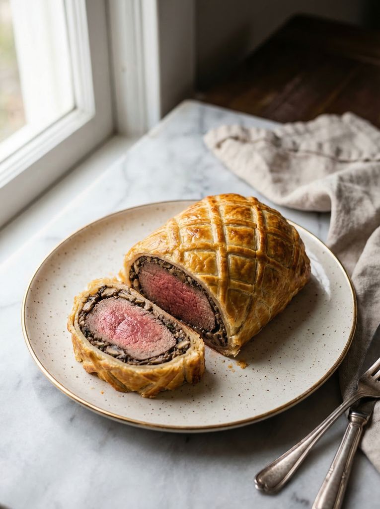 Beef Wellington for Two, plated (AI-generated illustration)