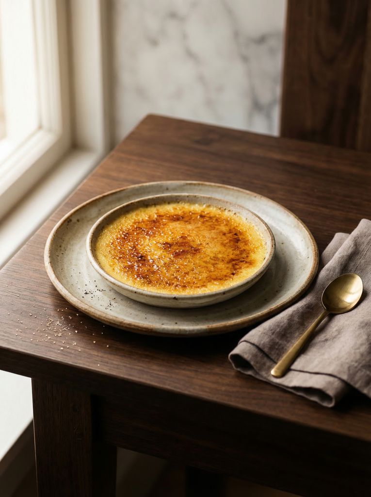 Creme Brulee, plated (AI-generated illustration)