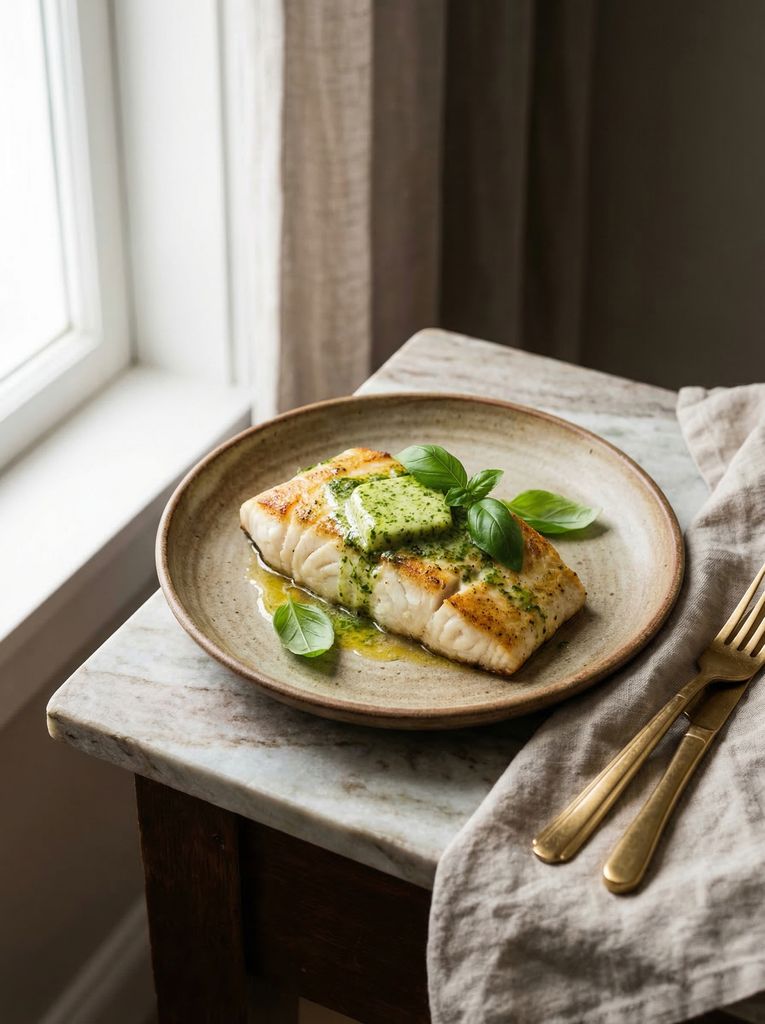 Pan-Seared Halibut with Pesto Butter