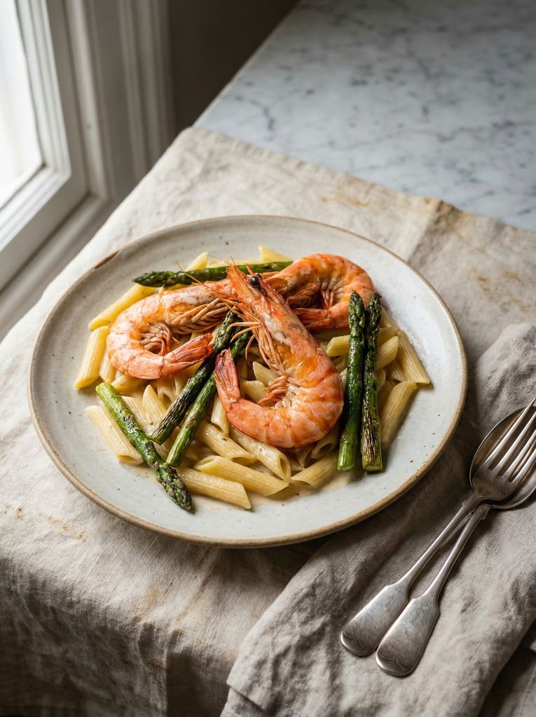 Prawn and Asparagus Pasta with White Wine