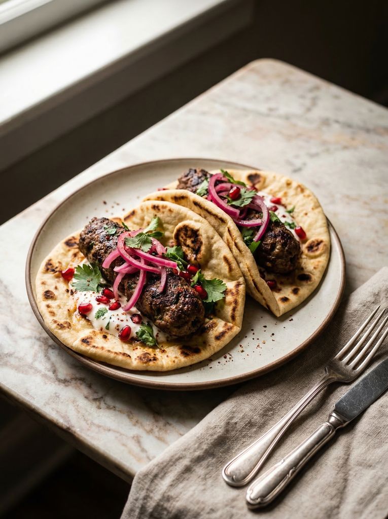 Lamb Kofta Flatbreads, plated (AI-generated illustration)