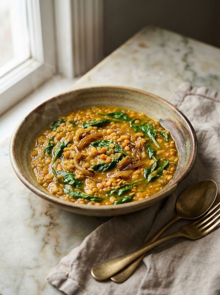 Lentil and Spinach Dal, plated (AI-generated illustration)