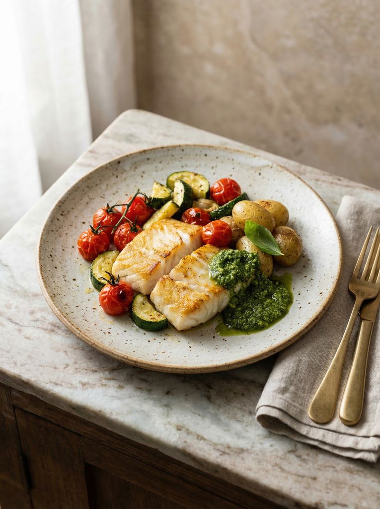 Pan-Seared Cod with Pesto Vegetables, plated (AI-generated illustration)