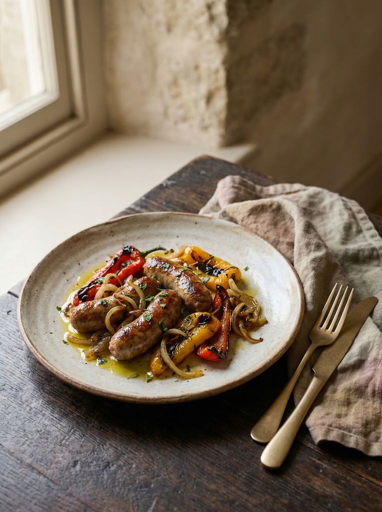 Sausage and Pepper Sheet Pan, plated (AI-generated illustration)