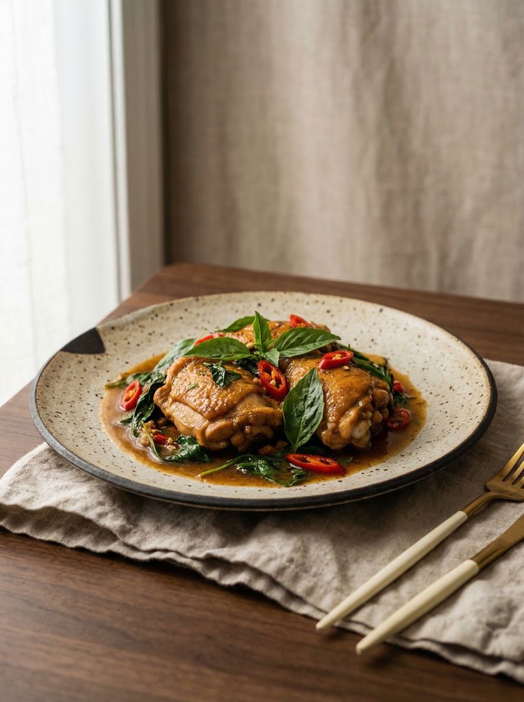 Thai Basil Chicken, plated (AI-generated illustration)
