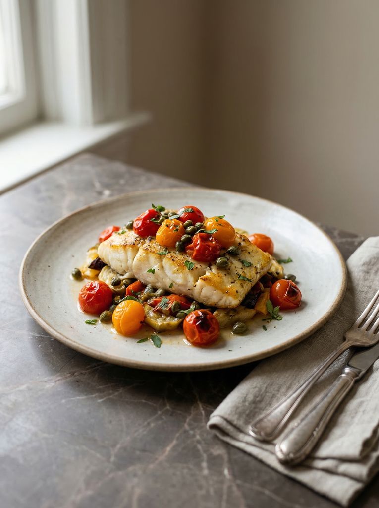 Baked Cod with Tomatoes, plated (AI-generated illustration)
