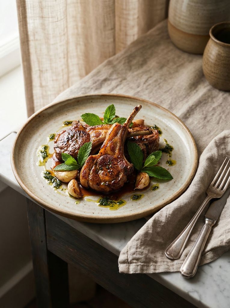 Lamb Chops with Mint, plated (AI-generated illustration)