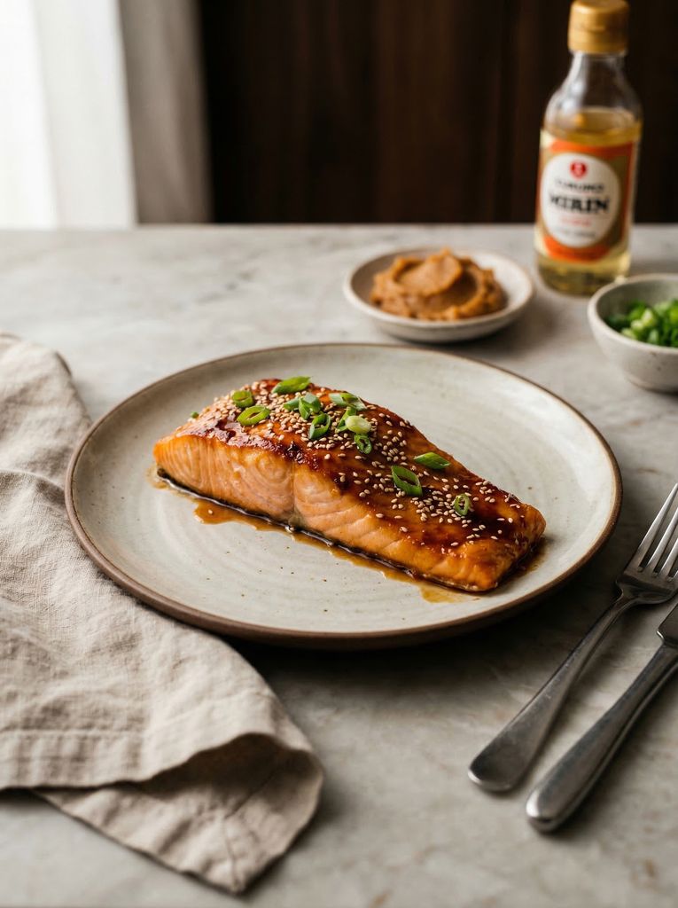 Miso Glazed Salmon, plated (AI-generated illustration)