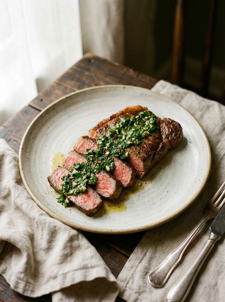 Steak with Chimichurri, plated (AI-generated illustration)