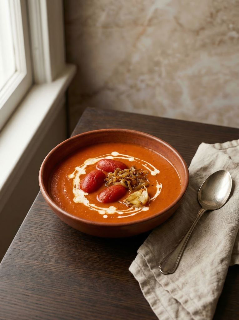 Tomato Soup, plated (AI-generated illustration)
