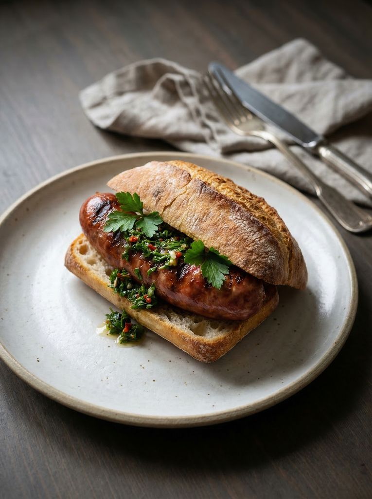 Argentinian Choripan, plated (AI-generated illustration)