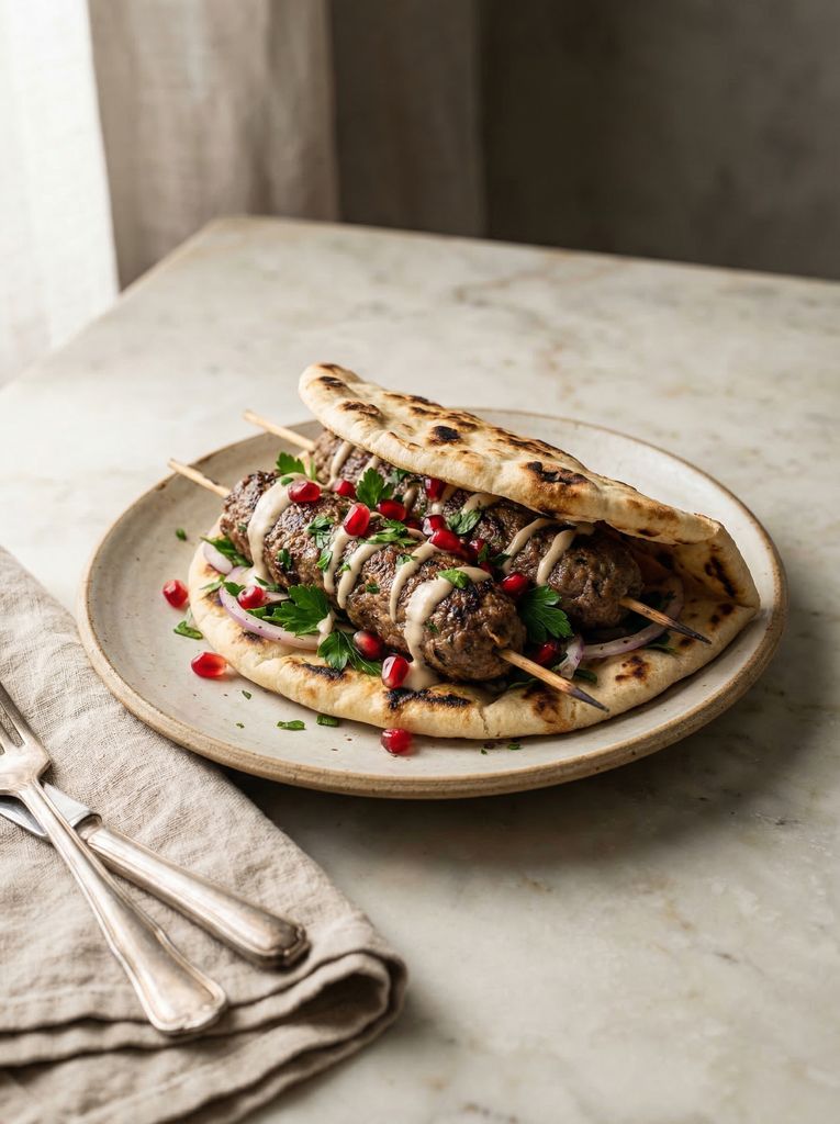 Moroccan Lamb Kefta Sandwich, plated (AI-generated illustration)