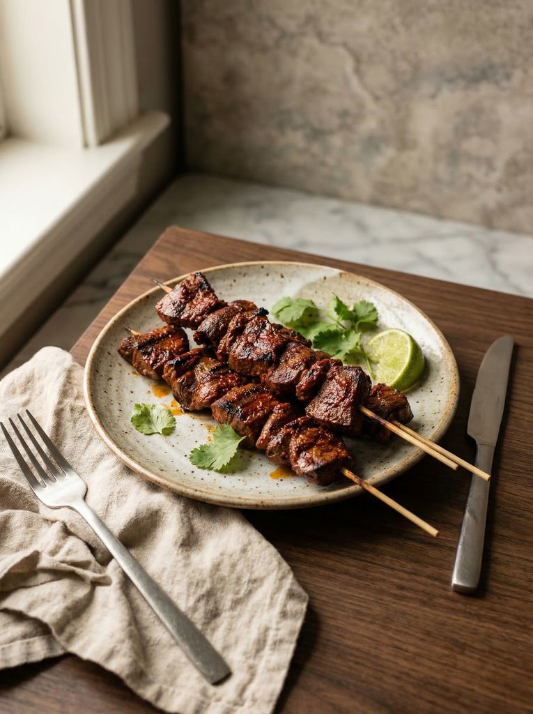 Peruvian Anticuchos, plated (AI-generated illustration)