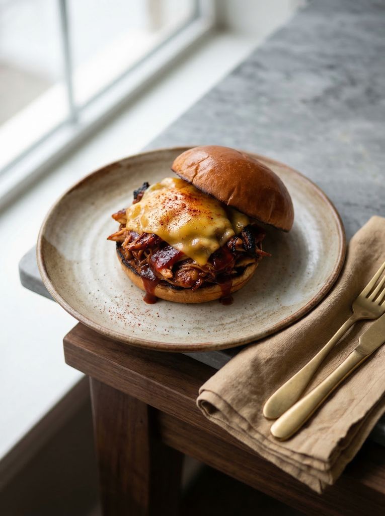 BBQ Pulled Chicken Burger, plated (AI-generated illustration)