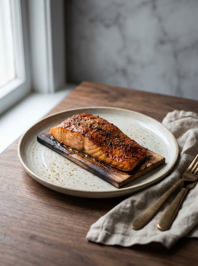Cedar Plank Grilled Salmon, plated (AI-generated illustration)