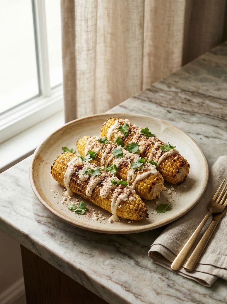Elote-Style Grilled Street Corn, plated (AI-generated illustration)