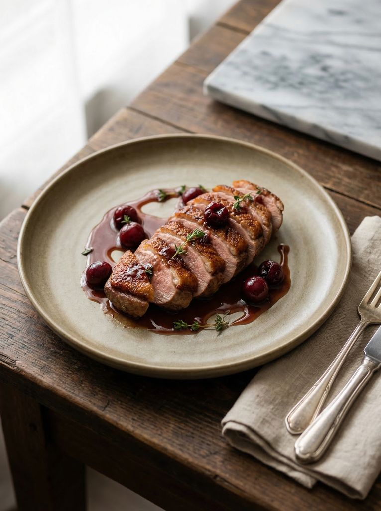 Grilled Duck Breast with Cherry BBQ Sauce, plated (AI-generated illustration)