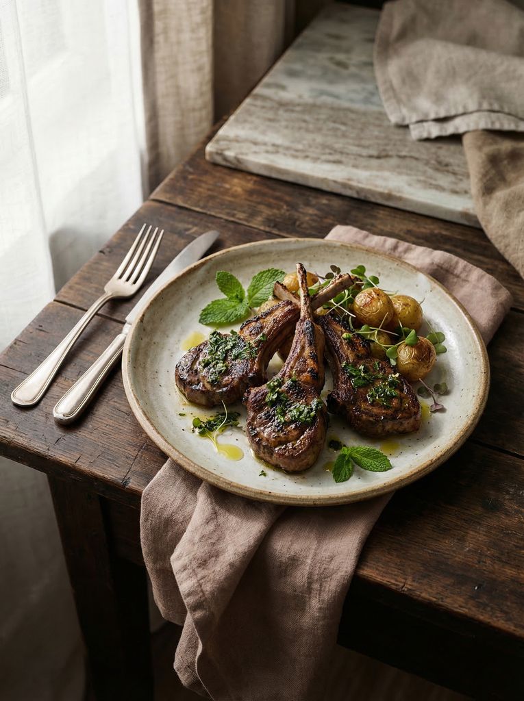 Grilled Lamb Chops with Mint Chimichurri, plated (AI-generated illustration)