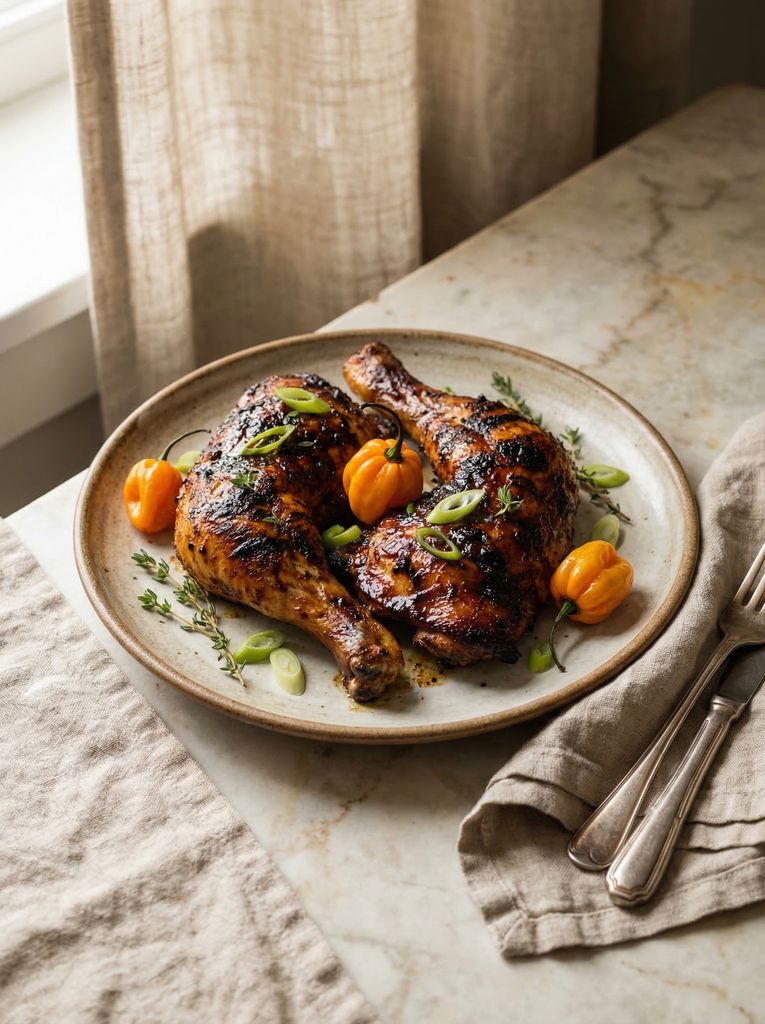 Jerk Chicken Legs, plated (AI-generated illustration)