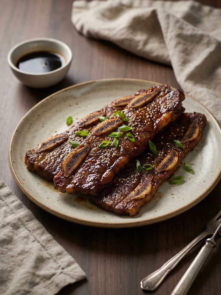 Korean BBQ Short Ribs (Galbi), plated (AI-generated illustration)