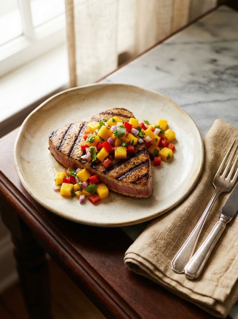Grilled Tuna Steak with Mango Salsa, plated (AI-generated illustration)