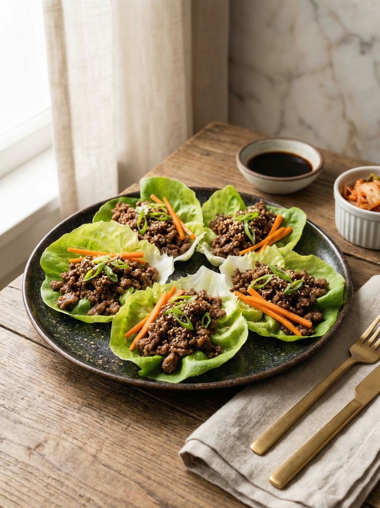 Korean Beef Lettuce Cups, plated (AI-generated illustration)