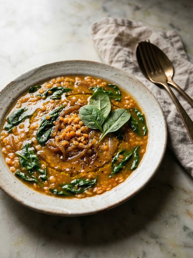 Lentil and Spinach Soup, plated (AI-generated illustration)