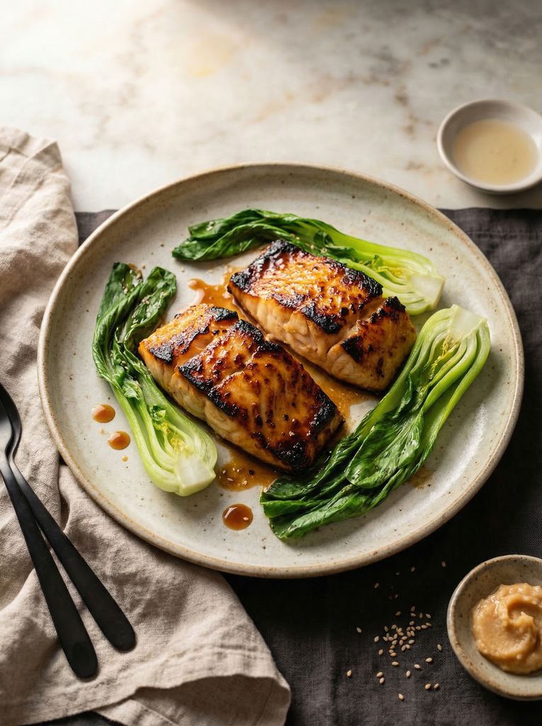 Miso Glazed Cod with Bok Choy, plated (AI-generated illustration)