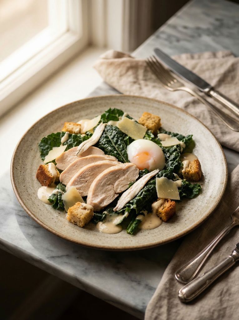 Poached Chicken and Kale Caesar Salad