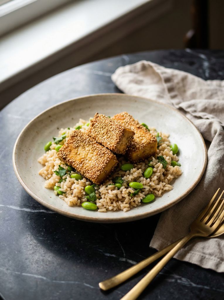 Sesame Crusted Tofu with Edamame Rice Bowl