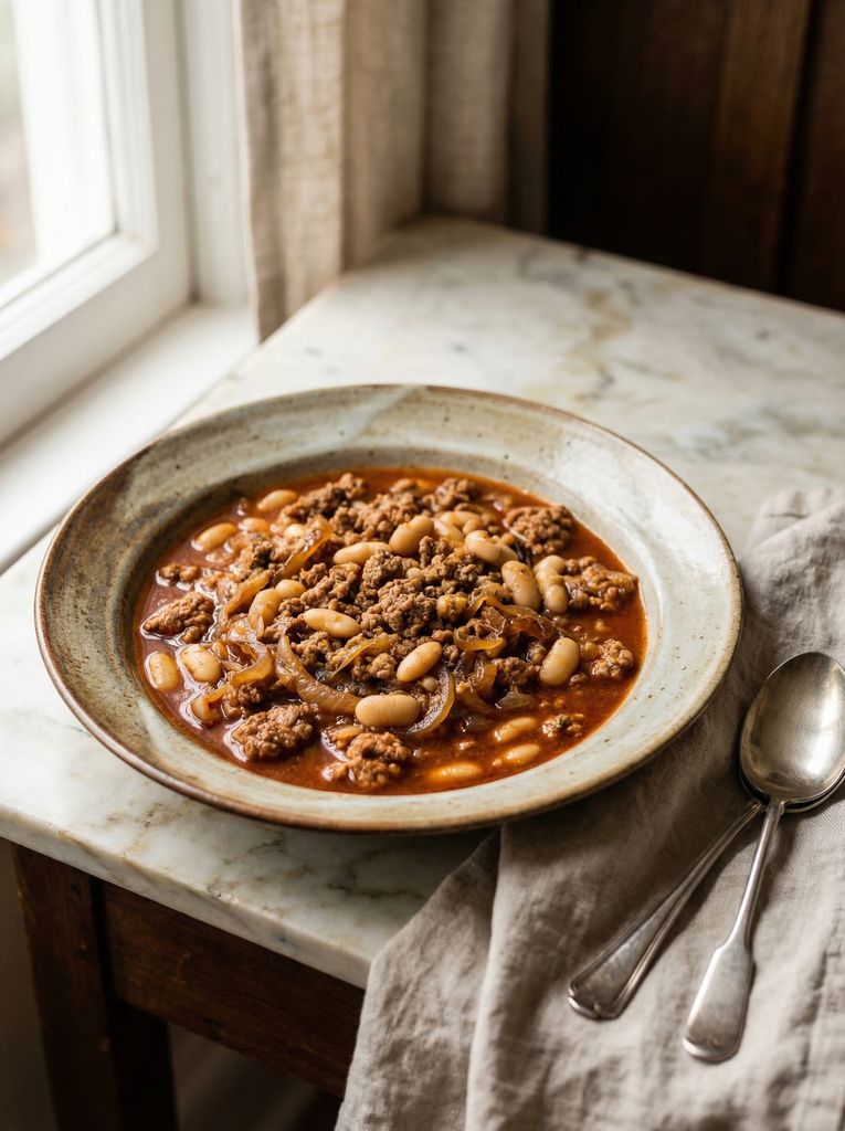 Turkey and White Bean Chili, plated (AI-generated illustration)