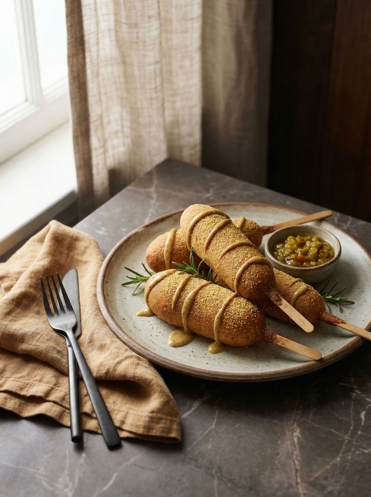 Baked Corn Dogs, plated (AI-generated illustration)