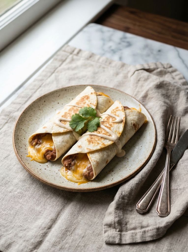Bean and Cheese Burritos, plated (AI-generated illustration)