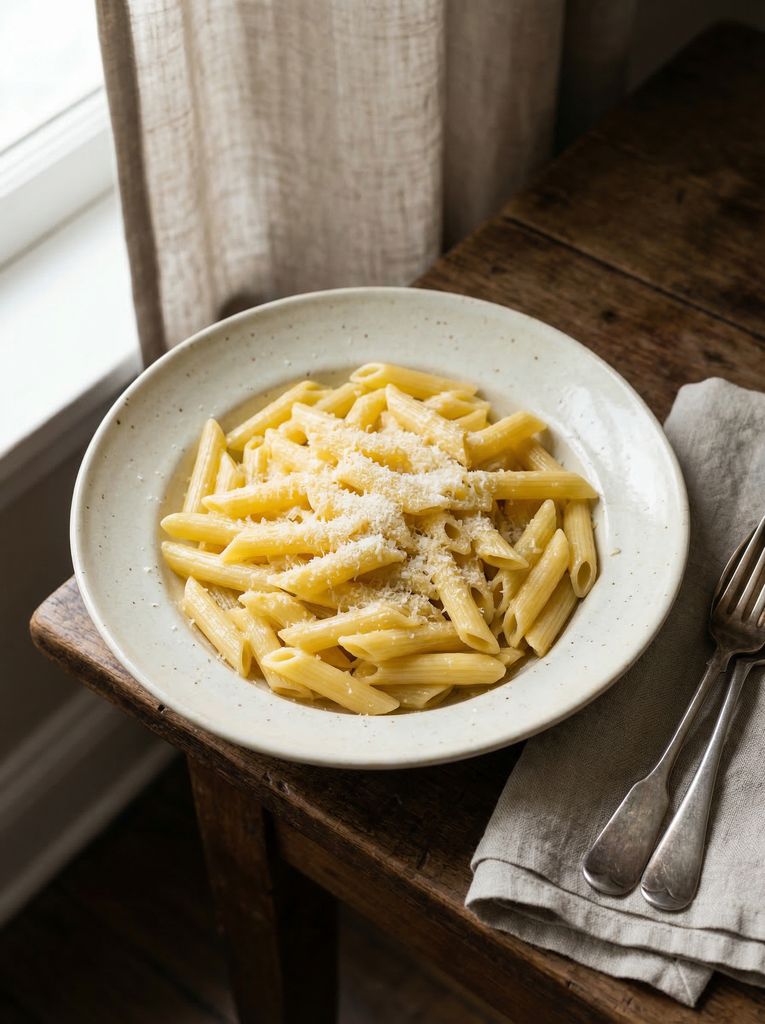Buttery Pasta with Parmesan, plated (AI-generated illustration)