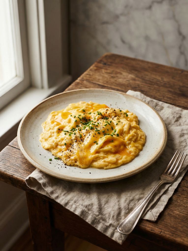 Cheesy Scrambled Eggs, plated (AI-generated illustration)